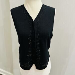 CHAUS Petite black beaded sleeveless vest v neck  cardigan sweater S women’s